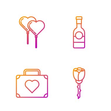 Hattı belirle Çiçek Gülü, seyahat için bavulu, kalp şeklinde balonlar kurdele ve şampanya şişesi. Renk simgeleri. Vektör