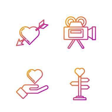 Yürekli bir işaret direği, hazır bir kalp, kalbi ve oku olan bir amour sembolü ve sinema kamerası. Renk simgeleri. Vektör