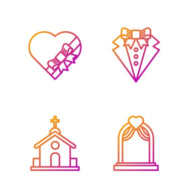 Sıra düğün kemeri, kilise binası, kalp şeklinde şeker kutusu ve yay ve takım elbise. Renk simgeleri. Vektör