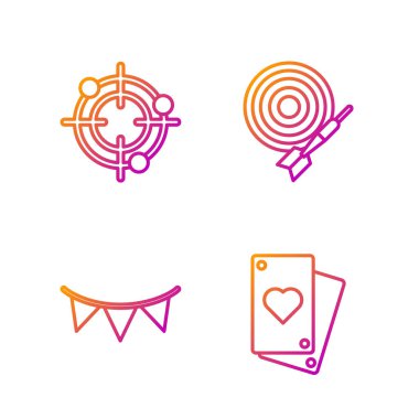 Set çizgisi Oyun kartı, bayraklı karnaval çelengi, atış yarışması için hedef sporu ve klasik dart tahtası ve ok. Renk simgeleri. Vektör