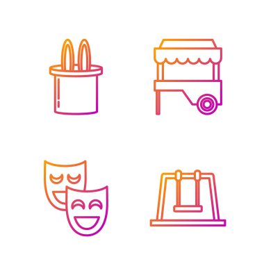 Set Swing, Komedi tiyatro maskeleri, Sihirbaz şapkası, tavşan kulakları ve tenteli Fast Street yemek arabası. Renk simgeleri. Vektör