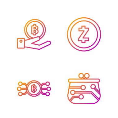 Kriptopara cüzdanını, kripto para birimini mikroçip devreli daire içine al, Bitcoin 'i ve Zcash Zec' i el ele tut. Renk simgeleri. Vektör