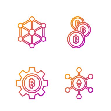 Hat Blockchain teknolojisi Ethereum Eth, Crypto coin Bitcoin, Blockchain teknolojisi ve Crypto coin Bitcoin. Renk simgeleri. Vektör