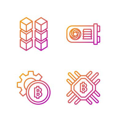 Cpu madencilik çiftliği, Kripto para birimi Bitcoin, Blockchain teknolojisi ve madencilik çiftliği. Renk simgeleri. Vektör
