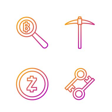 Kripto para birimi anahtarı, şifreli para Zcash Zec, Bitcoin ve Pickaxe ile büyüteç ayarla. Renk simgeleri. Vektör