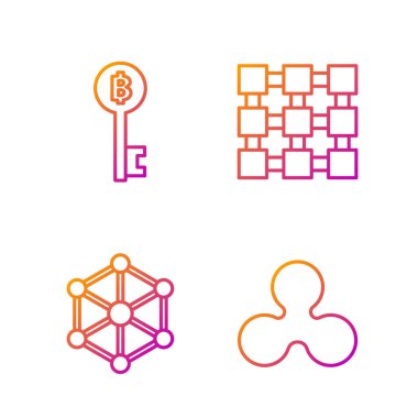 Şifreleme madeni parası Ripple Xrp, Blockchain teknolojisi, Kripto para birimi Bitcoin anahtarı ve Blockchain teknolojisini ayarla. Renk simgeleri. Vektör