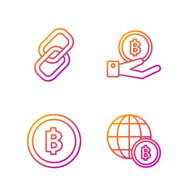 Satır Küre ve kripto para Bitcoin, Kripto para Bitcoin, Zincir halkası ve Bitcoin tutan El. Renk simgeleri. Vektör