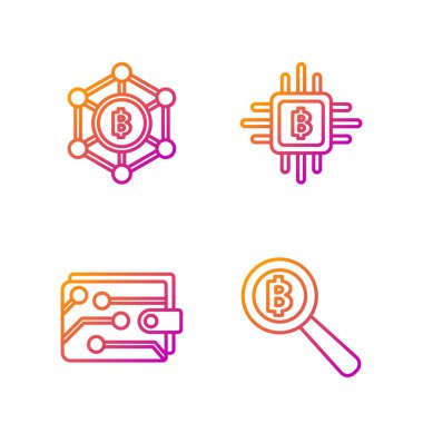 Bitcoin, Cryptocurrency cüzdanı, Engelleme teknolojisi Bitcoin ve Cpu madencilik çiftliği ile hat büyüteç ayarla. Renk simgeleri. Vektör