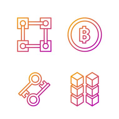 Hat engelleme teknolojisi, Kripto para birimi anahtarı, Blokzincir teknolojisi ve Kripto para birimi Bitcoin. Renk simgeleri. Vektör