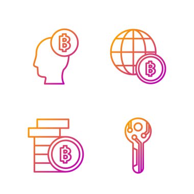 Kripto para birimi anahtarı, Kripto para Bitcoin, Bitcoin ve Globe ve kripto para birimi Bitcoin 'i ayarla. Renk simgeleri. Vektör