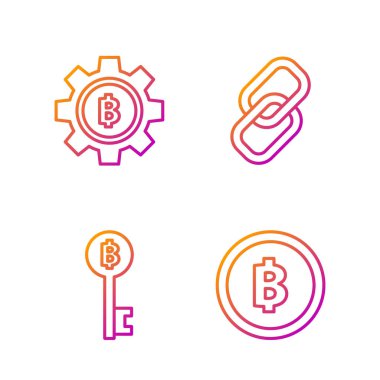 Kripto para Bitcoin, Kripto para birimi Bitcoin anahtarı, Kripto para Bitcoin ve Chain linkini ayarla. Renk simgeleri. Vektör