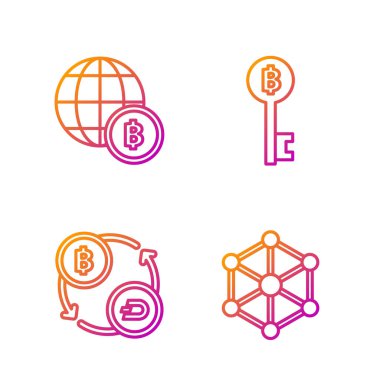 Hat Blockchain teknolojisi, Kripto para değişimi, Küre ve kripto para Bitcoin ve Kripto para birimi Bitcoin anahtarı. Renk simgeleri. Vektör