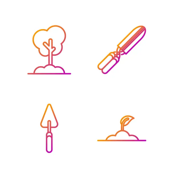 Set line Sprout, Garden trowel spade or shovel, Tree in the ground and Gardening handmade scissors for trimming. Gradient color icons. Vector — 스톡 벡터