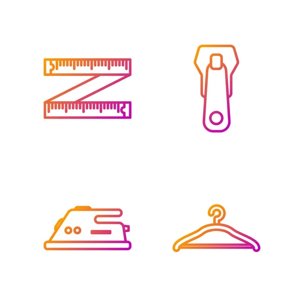 Set line Hanger wardrobe, Electric iron, Tape measure and Zipper. Gradient color icons. Vector — 스톡 벡터