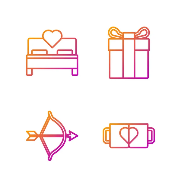 Set Linie zwei Kaffeetasse und Herz, Pfeil und Bogen, Schlafzimmer und Geschenkbox. Farbverlauf-Symbole. Vektor — Stockvektor