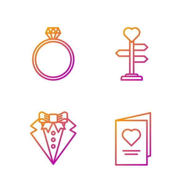 Set line Volante de fiesta de San Valentín con corazón, Traje, Anillo de compromiso de diamante y Signpost con corazón. Iconos de color degradado. Vector — Vector de stock