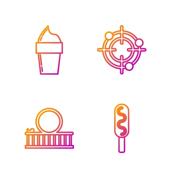 Set line Maíz perro, montaña rusa, helado en cono de gofre y Target sport para la competición de tiro. Iconos de color degradado. Vector — Vector de stock