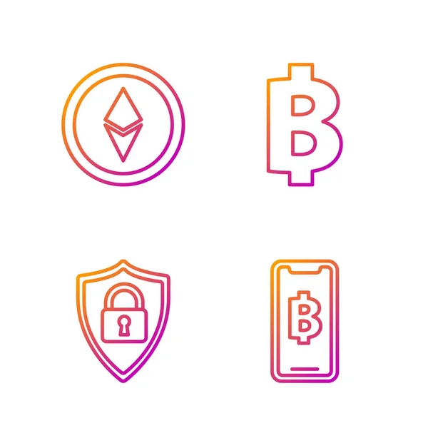 Festnetz Mobiltelefon und Kryptowährung Coin Bitcoin, Schild Sicherheit mit Schloss, Kryptowährung Coin Ethereum und Kryptowährung Coin Bitcoin. Farbverlauf-Symbole. Vektor — Stockvektor