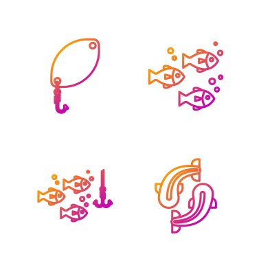 Balık oltası, balık oltası, balık kaşığı ve balıkla suyun altında olta. Renk simgeleri. Vektör