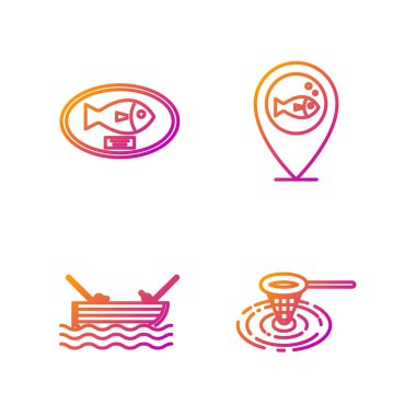 Suyun içinde olta ipi, suyun üzerinde olta ile balıkçı teknesi tahtaya asılı balık kupası ve balık avı. Renk simgeleri. Vektör