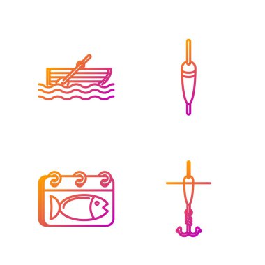 Oltayı at, oltayı at, kancayı at ve yüzdür, takvimi bir balıkla yap, kürekle kürek çek ve balıkçı teknesi yüzsün. Renk simgeleri. Vektör