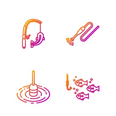 Olta oltası, balık oltası, balık oltası, olta ve balık oltası. Renk simgeleri. Vektör