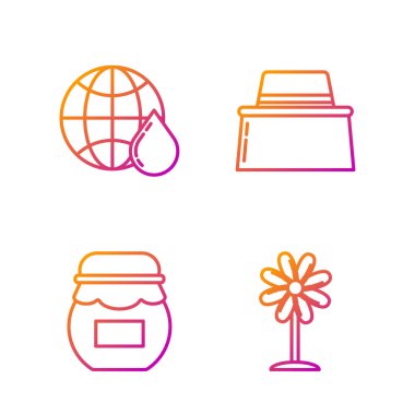 Hattı Çiçek, bal kavanozu, dünyanın bal peteği haritası ve koruyucu şapkalı arıcı. Renk simgeleri. Vektör