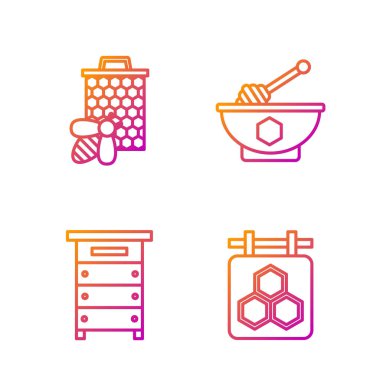 Bal peteği, arı kovanı, arı, bal peteği ve bal kovanı çubuğu ve kase için ip asın. Renk simgeleri. Vektör