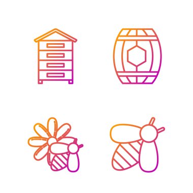 Sırayı Bee, Bee ve çiçek, arılar için kovan ve ballı ahşap fıçı. Renk simgeleri. Vektör