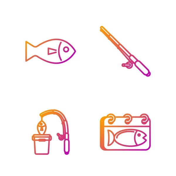 Definir linha Calendário com um peixe, Vara de pesca e peixe, Peixe e vara de pesca. Ícones de cores gradientes. Vetor — Vetor de Stock