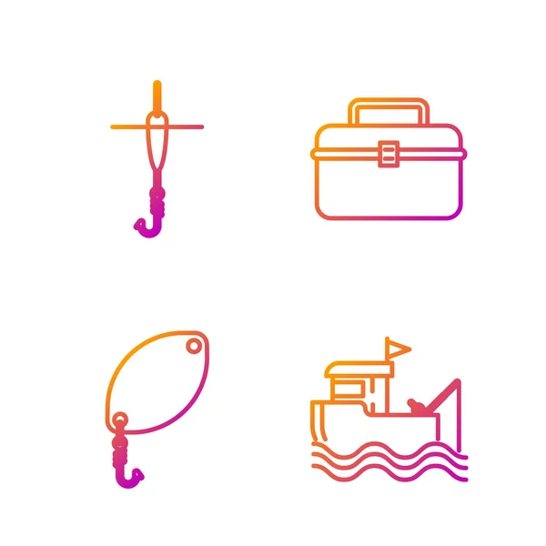Definir linha de barco com vara de pesca na água, colher de pesca, gancho de pesca e flutuar e caso ou caixa de contêiner para wobbler e equipamentos de pesca artes. Ícones de cores gradientes. Vetor — Vetor de Stock