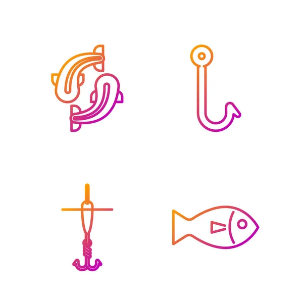 Definir linha Peixe, Gancho de pesca e flutuador, Peixe e Pesca gancho. Ícones de cores gradientes. Vetor — Vetor de Stock