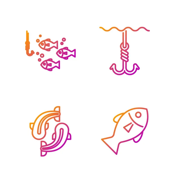 Definir linha Peixe, Peixe, Gancho de pesca sob a água com peixes e gancho de pesca sob a água. Ícones de cores gradientes. Vetor — Vetor de Stock