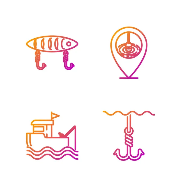 Definir linha gancho de pesca sob a água, barco com vara de pesca na água, isca de pesca e pesca Localização. Ícones de cores gradientes. Vetor — Vetor de Stock