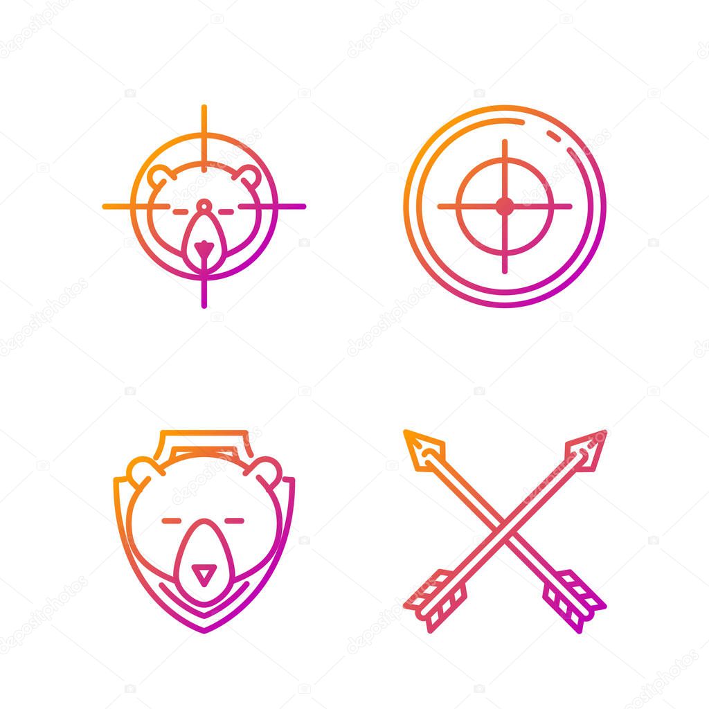 Set line Crossed arrows, Bear head on shield, Hunt on bear with crosshairs and Target sport for shooting competition. Gradient color icons. Vector