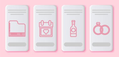 Piyano, takvim, şampanya şişesi ve alyans. Beyaz dikdörtgen düğme. Vektör