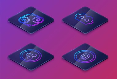 Isometric hattı Kripto para değişimi, Kripto para değişimi Ripple Xrp, Kripto para Bitcoin ve Kripto para Dash 'i ayarla. Mavi kare düğme. Vektör