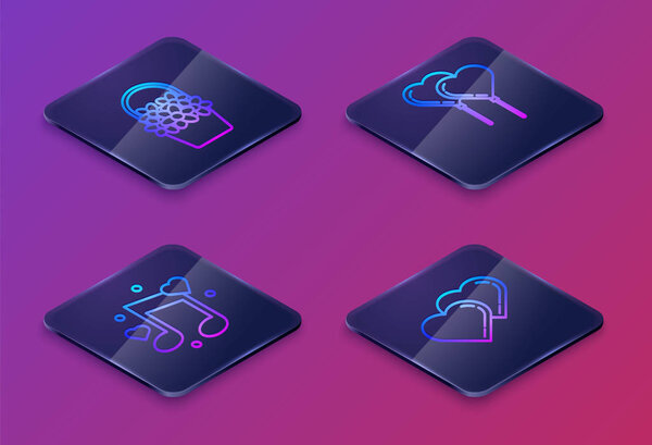 Set Isometric line Flowers in a basket, Music note, tone with hearts, Balloons in form of heart with ribbon and Two Linked Hearts. Blue square button. Vector