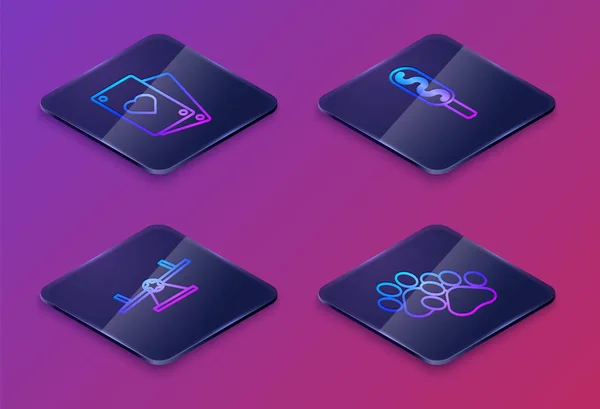 Set Isometric line Playing card, Seesaw, Corn dog and Paw print. Blue square button. Vector — 스톡 벡터