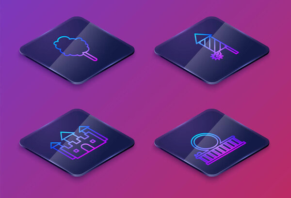 Set Isometric line Cotton candy, Castle, Firework rocket and Roller coaster. Blue square button. Vector