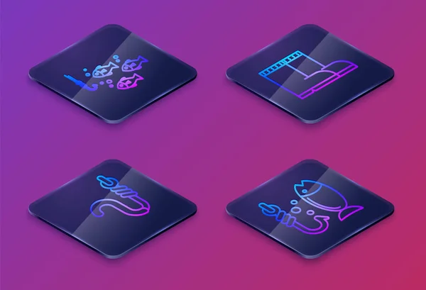 Set Isometric line Fishing hook under water with fish, Fishing hook and worm, Fishing boots and Fishing. Blue square button. Vector — 스톡 벡터