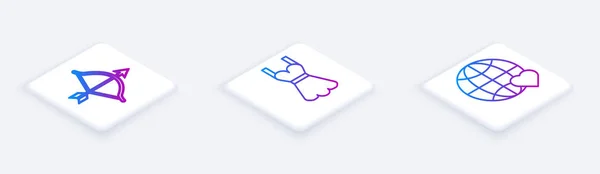 Set Isometric line Bow and arrow, Woman dress and The heart world love. White square button. Vector — 스톡 벡터