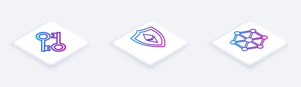 Establecer la línea isométrica clave criptomoneda, Escudo Ethereum ETH y la tecnología Blockchain. Botón cuadrado blanco. Vector — Vector de stock