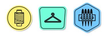 Set line Sewing thread on spool, Hanger wardrobe and Needle for sewing. Colored shapes. Vector