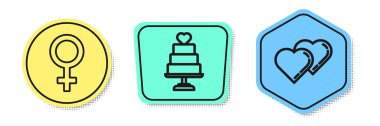 Set line Female gender symbol, Wedding cake with heart and Two Linked Hearts. Colored shapes. Vector