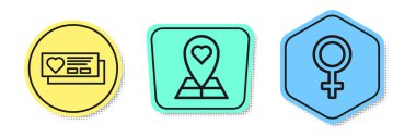 Set line Ticket with heart, Map pointer with heart and Female gender symbol. Colored shapes. Vector
