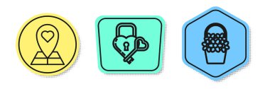 Set line Map pointer with heart, Castle in the shape of a heart and key and Flowers in a basket. Colored shapes. Vector