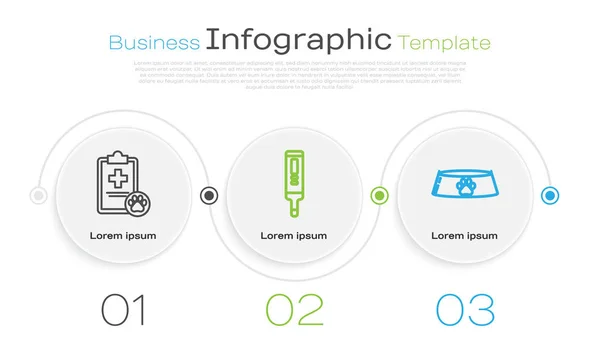 Definir linha Clipboard com animal de estimação registro clínico médico, termômetro digital médico e tigela de alimentos para animais de estimação para gato ou cão. Modelo de infográfico de negócios. Vetor — Vetor de Stock