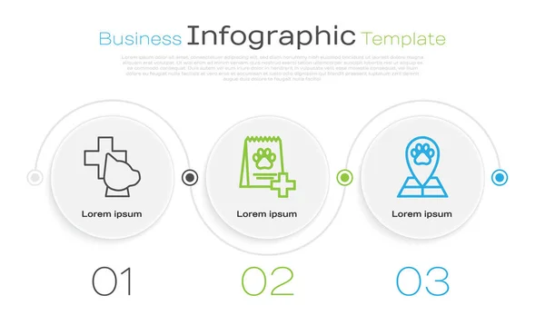 Definir linha símbolo de clínica veterinária, Saco de comida para cão e ponteiro de mapa com hospital de medicina veterinária. Modelo de infográfico de negócios. Vetor — Vetor de Stock