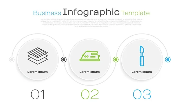 Definir linha rolo de tecido têxtil, ferro elétrico e ferramenta de corte. Modelo de infográfico de negócios. Vetor — Vetor de Stock